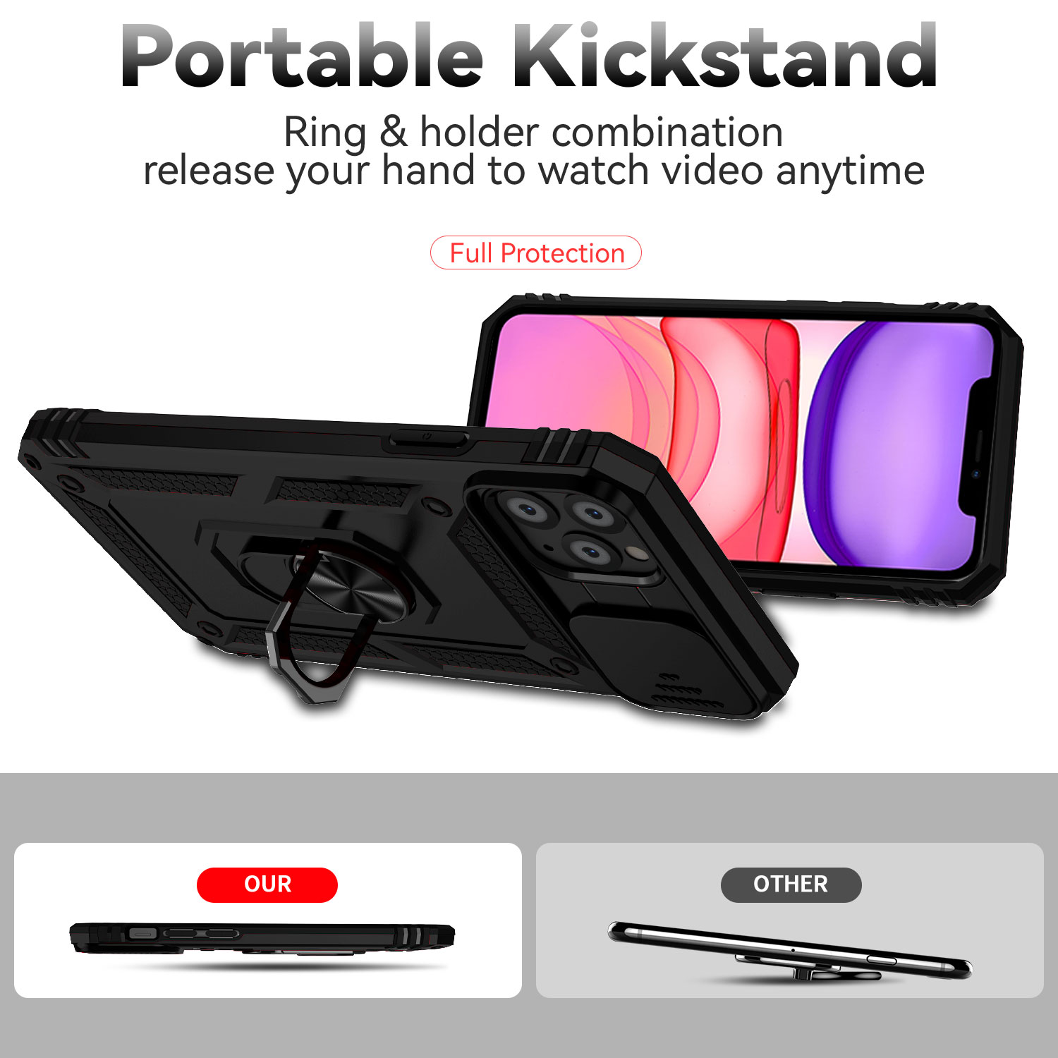 For iPhone 11 Pro Case with Slide Camera Cover, 360° Ring Holder Metal Kickstand, work for Phone Holder Car Mount, Drop Peep Protection. 