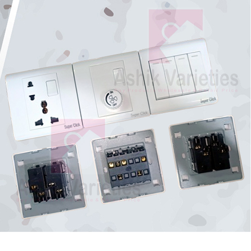 4 Gang Switch Multi Socket with Fan Dimer, Super Click PC Materials, Heavy Duty, Long Lusting with/without 3 Gang PVC Back Part back box