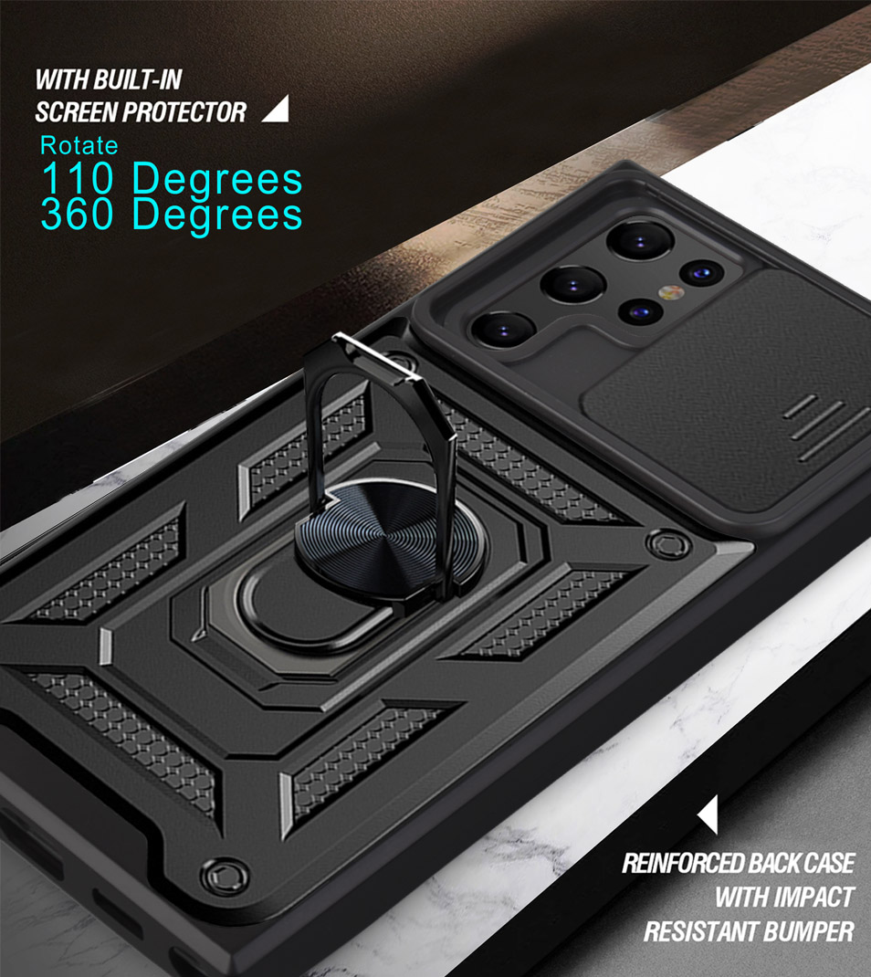 HODON Armor Shockproof Ring Stand Holder Case For Samsung Galaxy S24 S23 S22 S21 S20 Ultra S24 Plus S23FE Note 20 Cases Lens Push Pull Sliding Window Bracket Back Cover. 