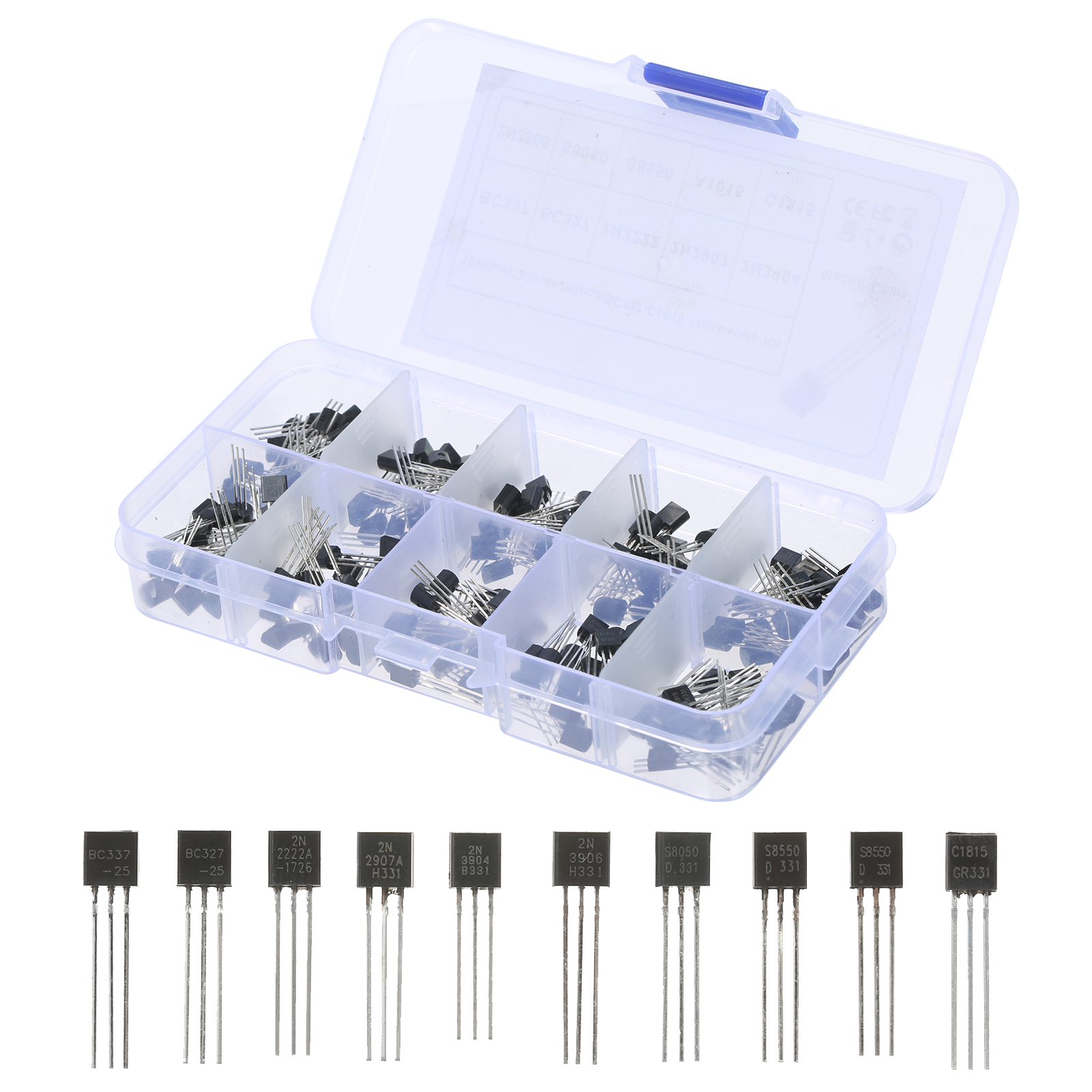 KOGEEK Transistor Assortment Kit 200-Piece NPN PNP Power Transistors BC337 BC327 2N2222 2N2907 2N3904 2N3906 S8050 S8550 A1015 C1815 Transistors for DIY Electronic Projects. 