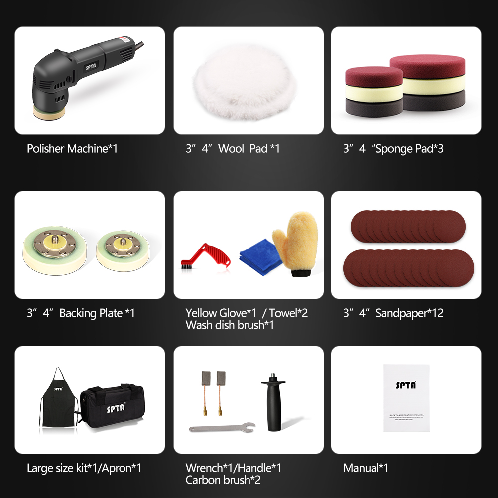 SPTA 3" 75mm Electric Mini Car Polisher 780W Random Orbit Dual Action Polishing Waxing Machine with Sponge Buffing Pads. 
