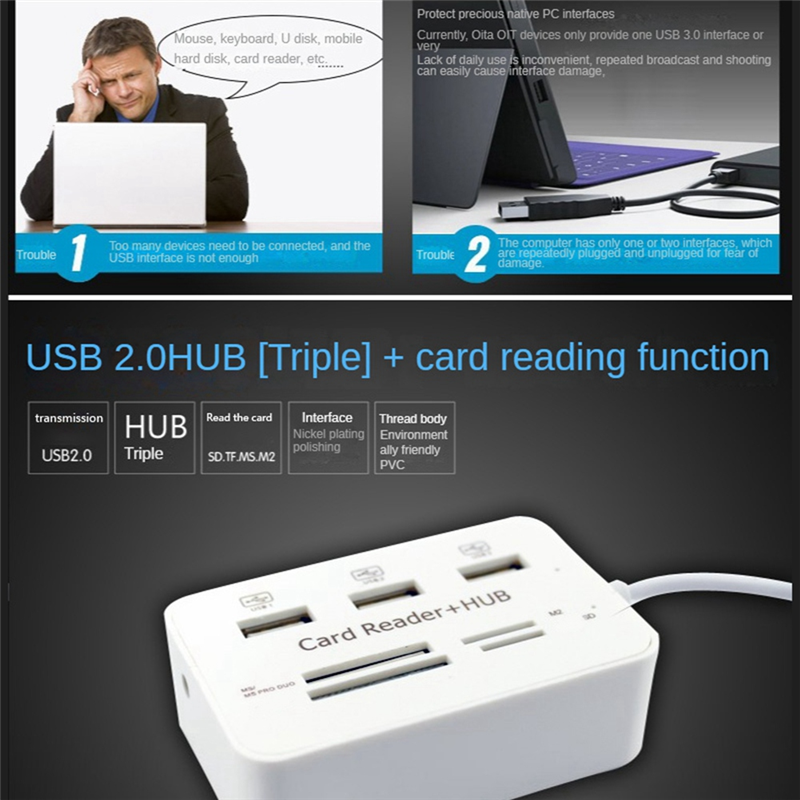 1 PCS 3 Port USB HUB 2.0 Splitter Combo Card Reader 7 in 1 Portable Support TF SD M2 SDHC Card Read Write. 