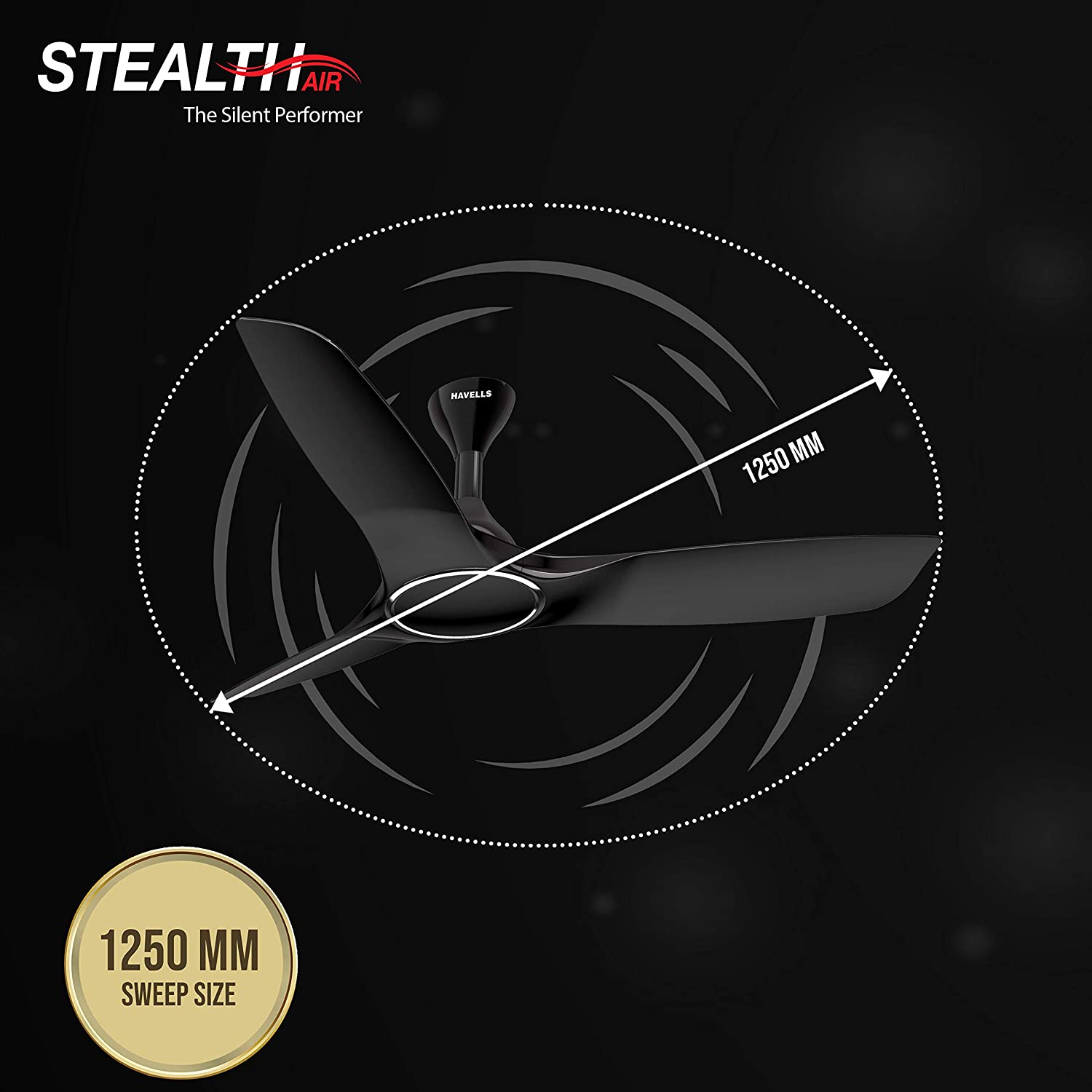 Havells Stealth Air 1200MM / 48" Most Silent BLDC Remote Controlled Ceiling Fan Premium Look and Finish (Metallic Black). 