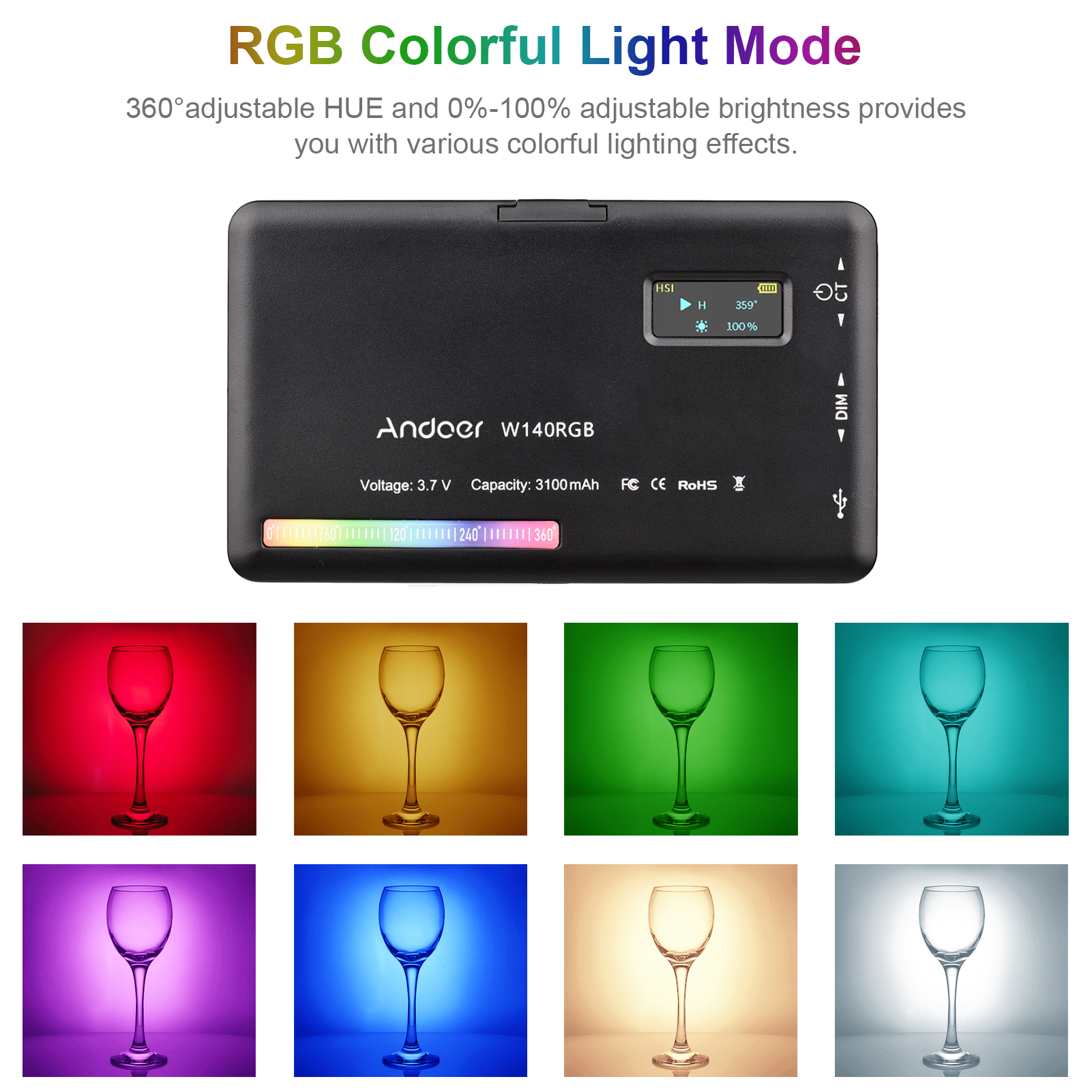 Andoer W140 RGB LED Video işığı şarj edilebilir fotoğraf dolgu işığı CRI95 + 2500K-9000K kısılabilir Vlog için LCD ekran ile. 