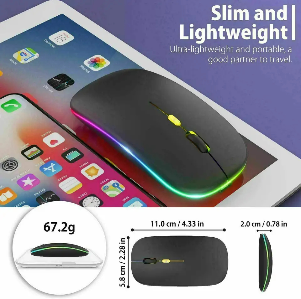 High Quality OEM USB LED Slim Rechargeable Dual Mode Mouse | 2.4GHz & Bluetooth Wireless | LED Backlit | Silent Click | For Laptop & PC. 