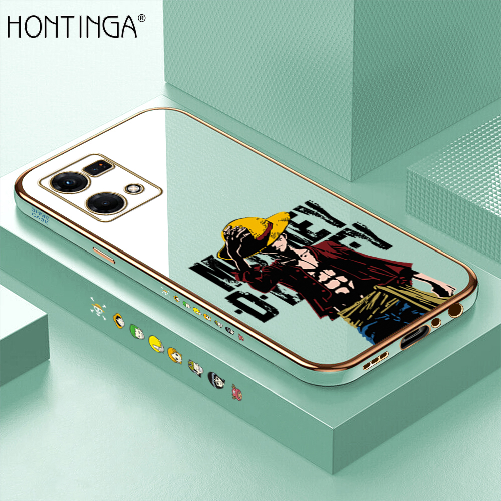 Hontinga for OPPO F21 Pro/Reno7 4G Back Cover + Free Lanyard Luxury 6D Plating Handsome Luffy Side Pattern Case Soft Silicone Square Phone Cases