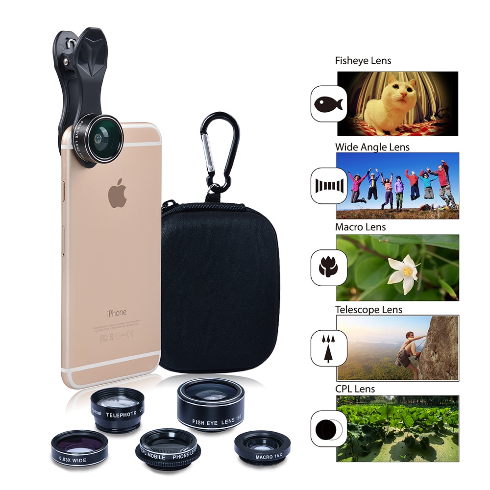 Apexel 5 in 1 HD Camera Lens Kit Fisheye Lens+0.63x Wide Angle+15x Macro Lens+2X Telephoto Lens+CPL Lens for iPhone Samsung DG5. 