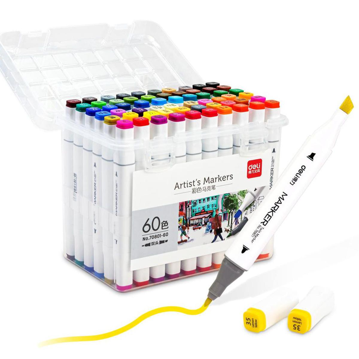 Deli Art Markers Pens 60 Colors Drawing Watercolor Alcohol Based Art Markers Set Dual Tip Pen Brush Sketching Art