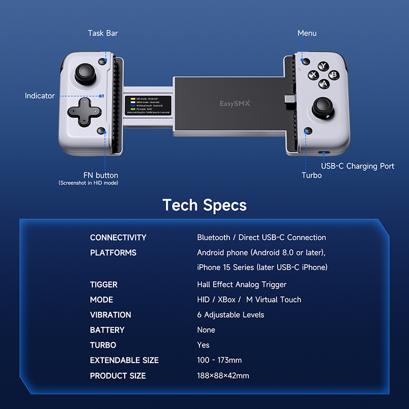 EasySMX M05 Bluetooth Type C Mobile Phone Controller for Cloud Gaming Xbox Game Pass, Call of Duty, Case Support, Hall Effect. 