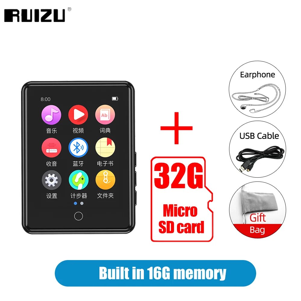 RUIZU M17 Touch Screen MP3 Player With Bluetooth 16GB Music Player Support FM Radio Recording Ebook MP4 Video Portable Walkman. 
