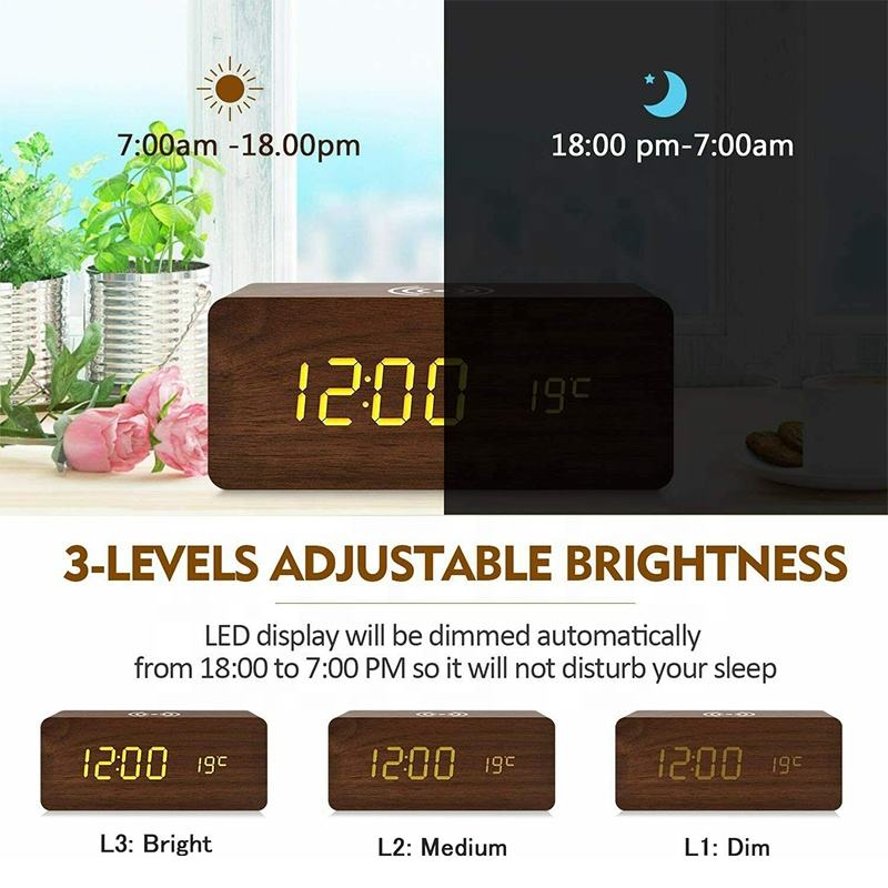 Wooden Digital Alarm Clock with Wireless Charging, LED Clock with Time, Date,Temperature, Desk Clocks for Office,Bedside Clock. 