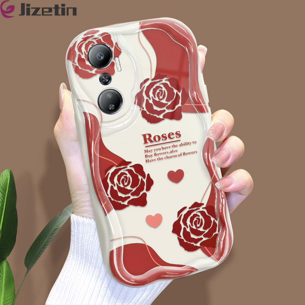Jizetin for Infinix Hot 20 Back Cover Red Rose Cream Wavy Edge Soft Silicone Phone Case