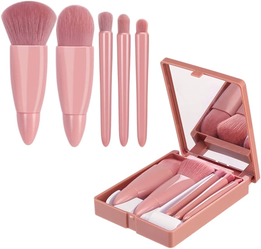 Golbylicc Travel Size Makeup Brushes Set Mini Makeup Brushes, Small Complete Function Cosmetic Brushes Kit with Case and Mirror Perfect for On The Go, 5PC (Mini Pink). 