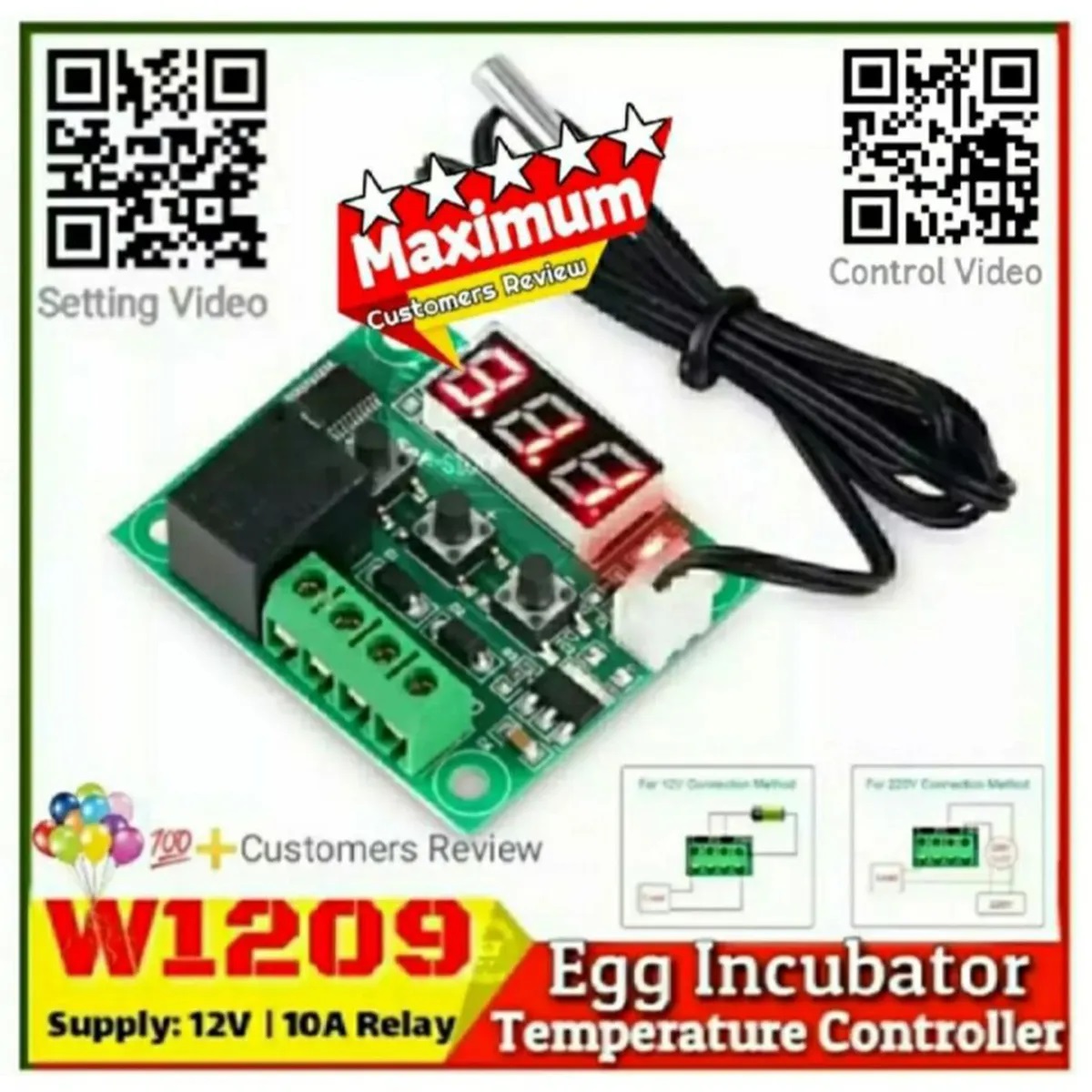 W1209 Incubator Temperature Controller DC 12V NTC Sensor for incubator Aquarium AC