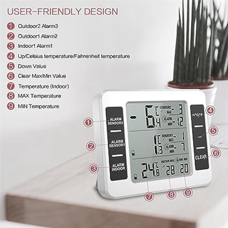 Wireless Refrigerator Thermometer Digital Freezer Thermometer Temperature Monitor with 2 Sensors for Indoor Outdoor Easy to Use. 