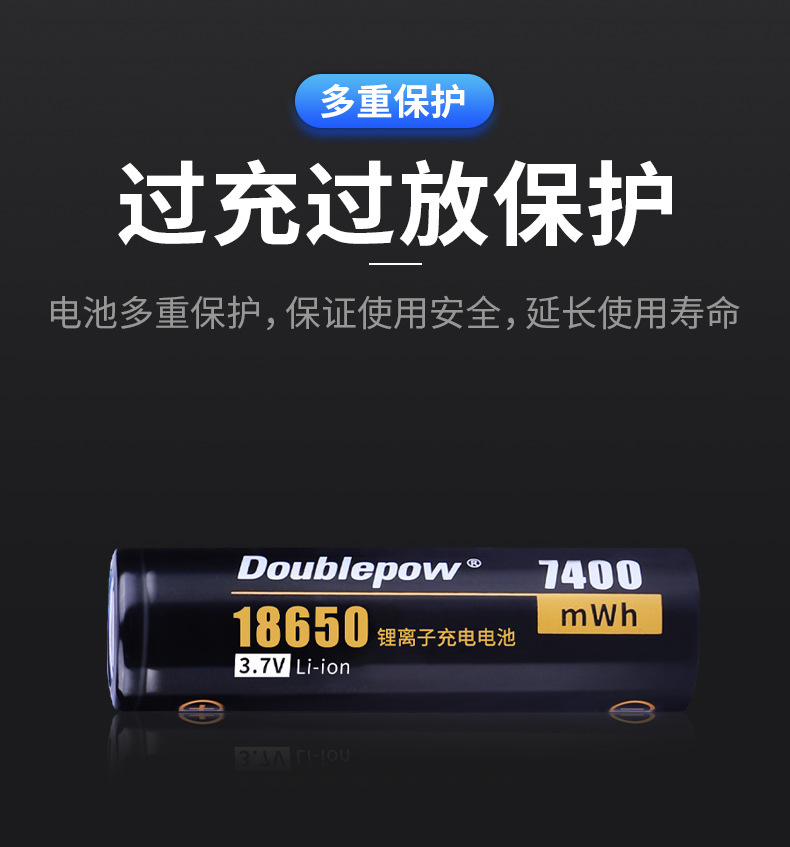 Doublepow 18650 3.7V 7400mWh Lithium ion Rechargeable Li-ion Battery (Flat Top) - 1 piece. 