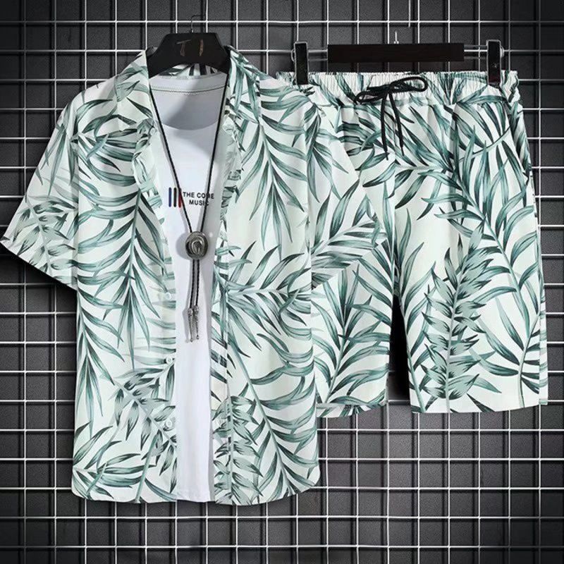 Hawaiian Style Beach Pants Men's Loose Quick-Dry Casual Suit Printed Shirt Shorts Couple plus Size Set. 