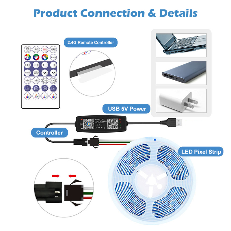 WS2812B Controller Bluetooth Music APP Control for Pixel LED Strip Light SK6812 WS2811 WS2812 Tape Lights USB 5V Remote Control. 