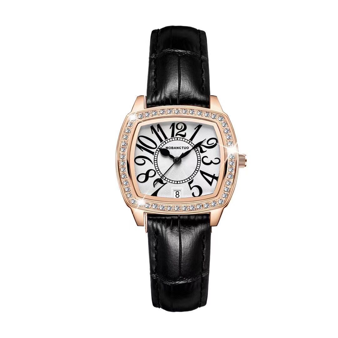 New Women's Square Watch Digital Scale with Date Small Square Watch Retro Coffee Color Belt Waterproof Fashion Women's Watch. 
