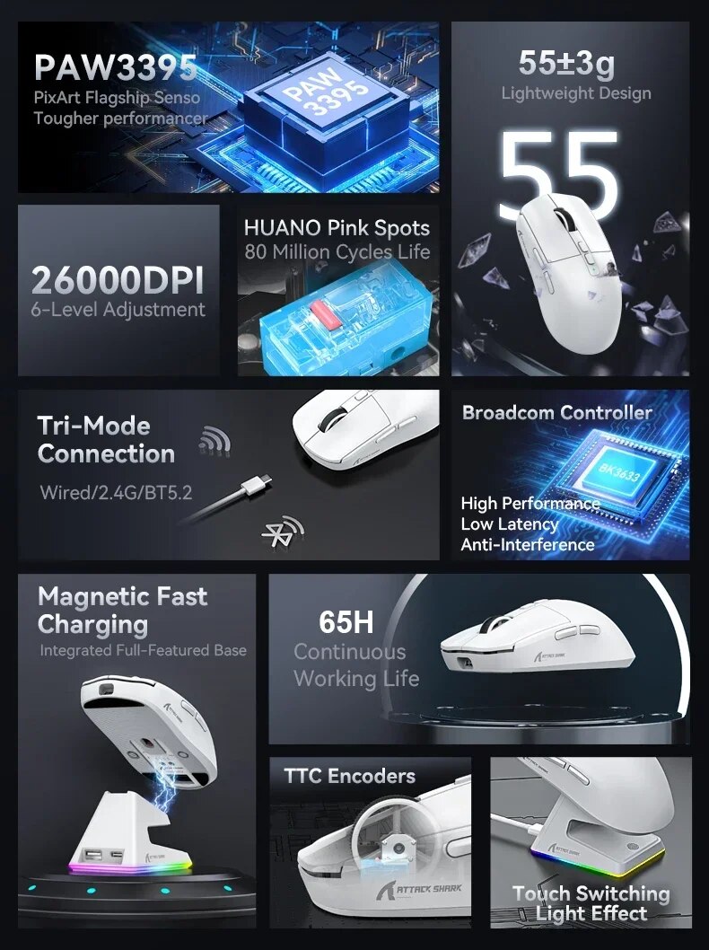Attack Shark X6 PAW3395 Bluetooth Mouse,Tri-Mode Connection,RGB Touch Magnetic Charging Base,Macro Gaming Mouse. 