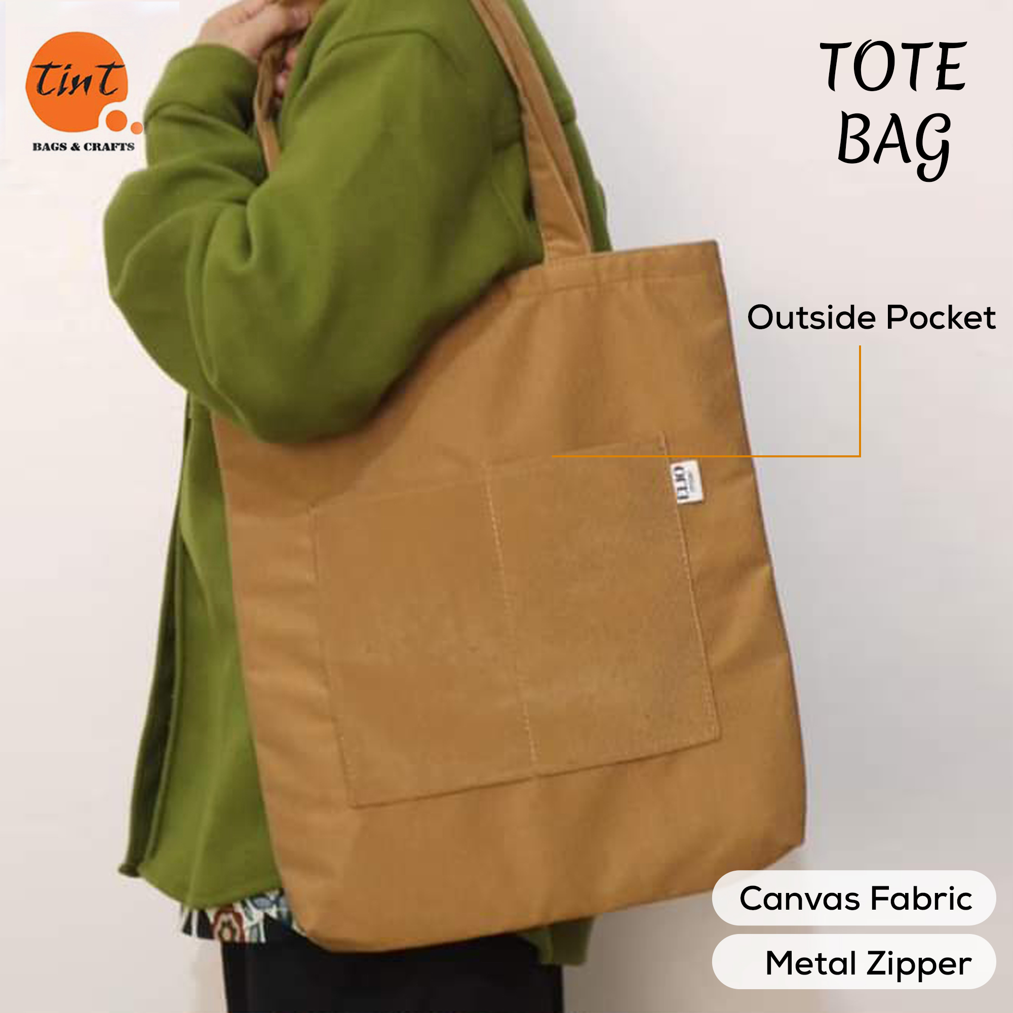 Canvas Tote Bag with Outside Pocket Exclusive Design Deep Brown Color