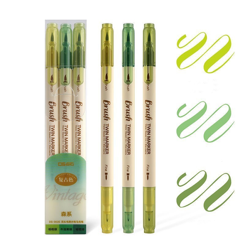 Panda Online 3PCS/20PCS Double Head Tips Brush Twin Marker Pen Soft Tip Water Based Ink Blendable Vintage Color DIY Diary Journal INS Pens. 
