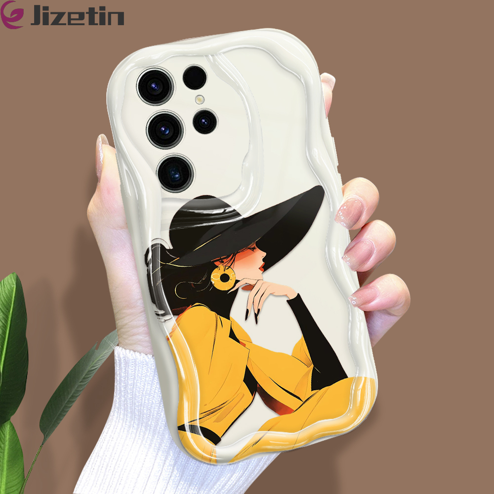 Jizetin for Samsung S23 Ultra 5G Back Cover Fashion Queen Cream Wavy Edge Soft Silicone Phone Case