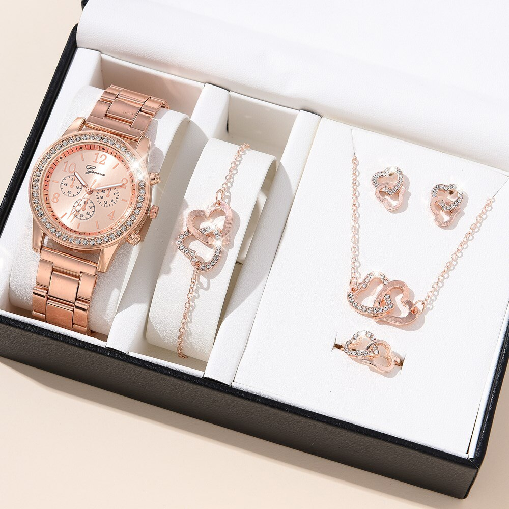 6-Pcs Casual Quartz Watch & Heart Design Bracelet, Earrings, Necklace, Ring Set