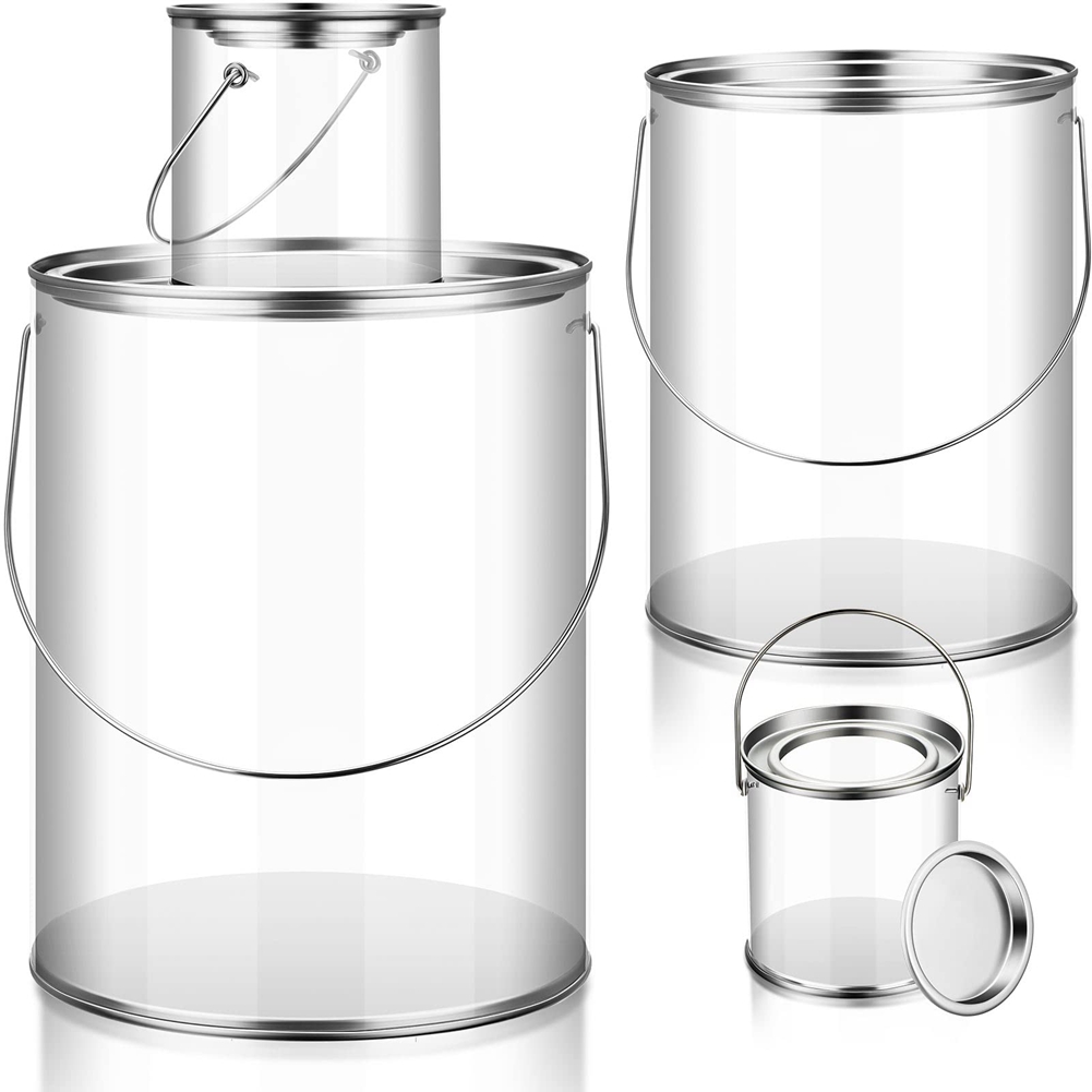Paint Bucket Clear Bucket with Metal Lids and Handle Decorative Clear Plastic Bucket Storage Clear Paint Can 8 Pack. 