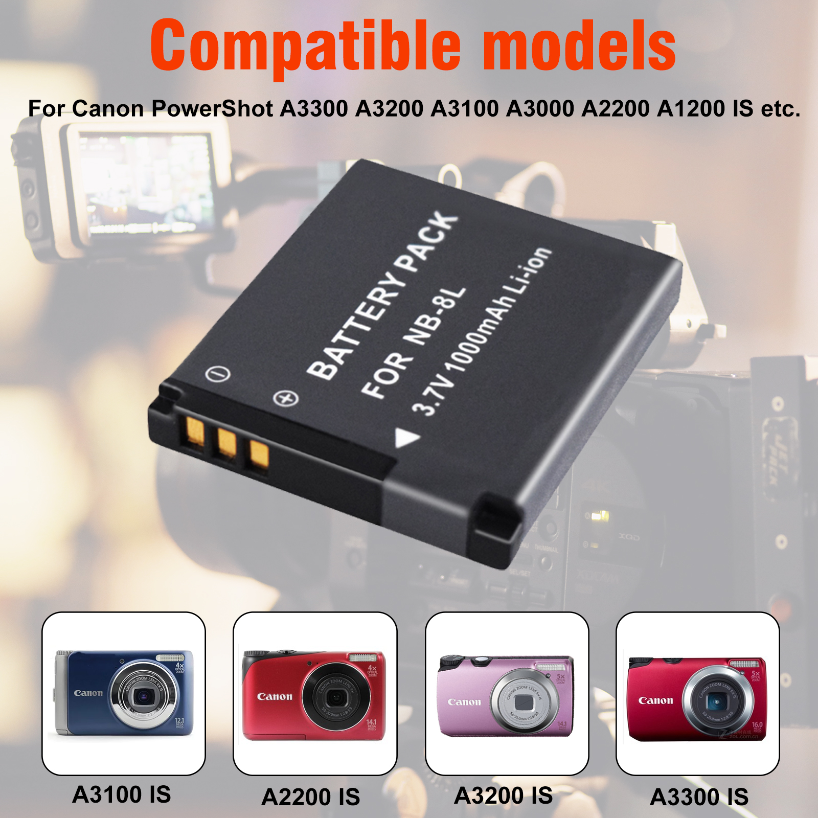 Palo 1Pcs 1000mAh NB-8L NB8L 8L Li-ion Battery For Canon PowerShot A3300 A3200 A3100 A3000 A2200 A1200 IS Camera Battery Pack. 