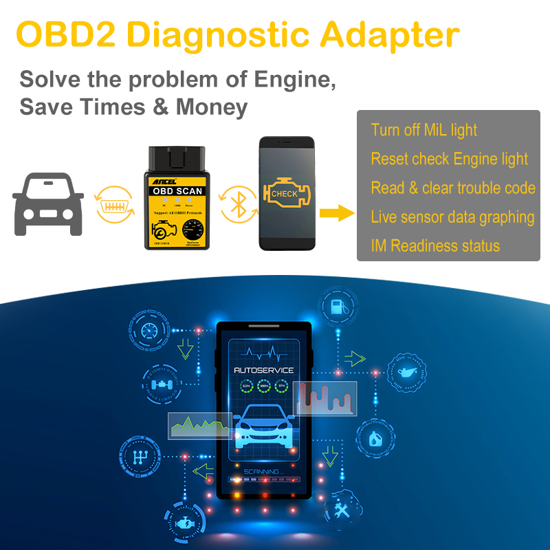Ancel ELM327 OBD2 Bluetooth Scanner ELM 327 V1.5 OBD 2 Auto ODB Car Diagnostic For Engine Code Reader Diagnostic Tool. 