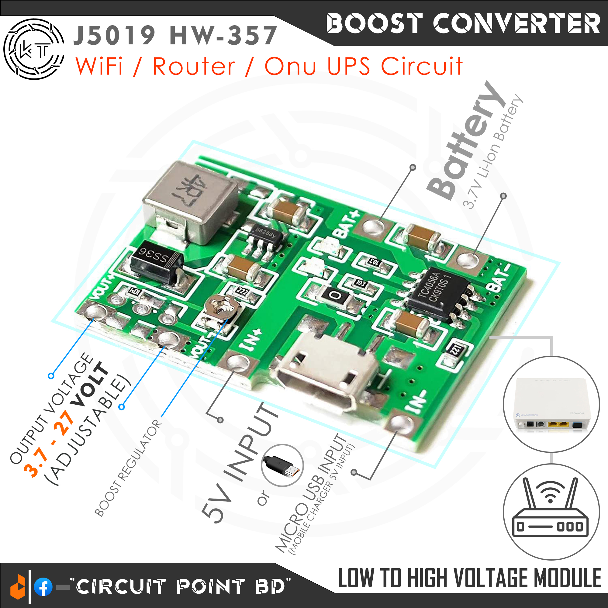 J5019 HW-357 DC to DC Step Up Boost Module 3.7V to 27V 2A Adjustable With Integrated TP4056 18650 Lithium Battery Charging Module for WiFi, Router, ONU Mini UPS or DIY Kit.