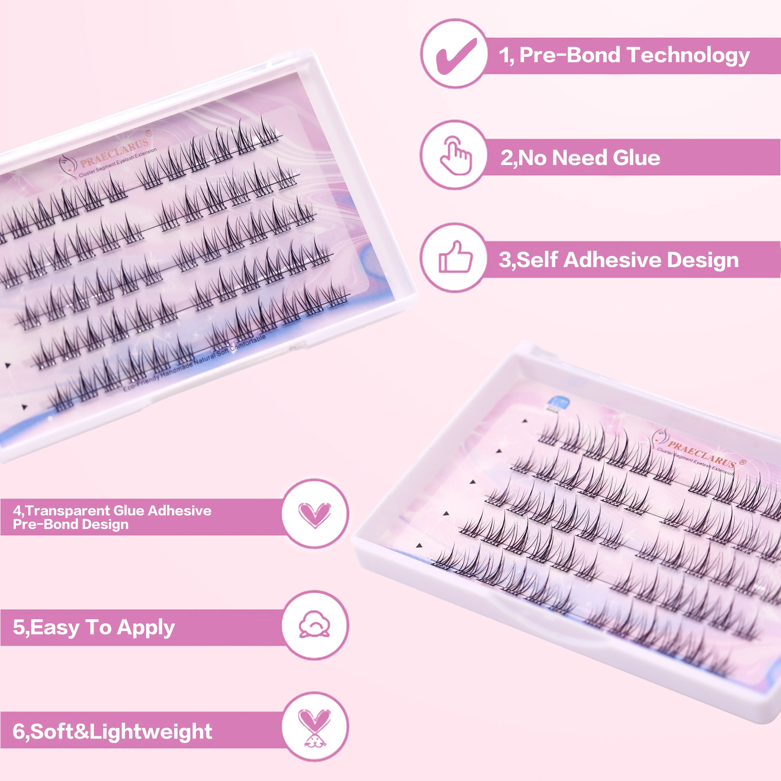 [No Need Glue]PRAECLARUS Crown Pre-Bond Technology No Glue Needed DIY Eyelash Self Adhesive Realistic Eyelash Reusable Natural. 