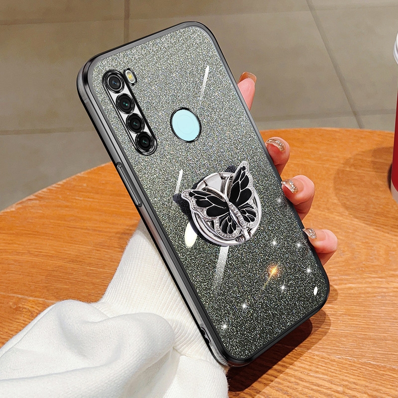 New Phone case Xiaomi Redmi Note 8 Back cover Rhinestone Colored metal Butterfly Holder Bracket +Glitter Clear Soft TPU Patterned Casing