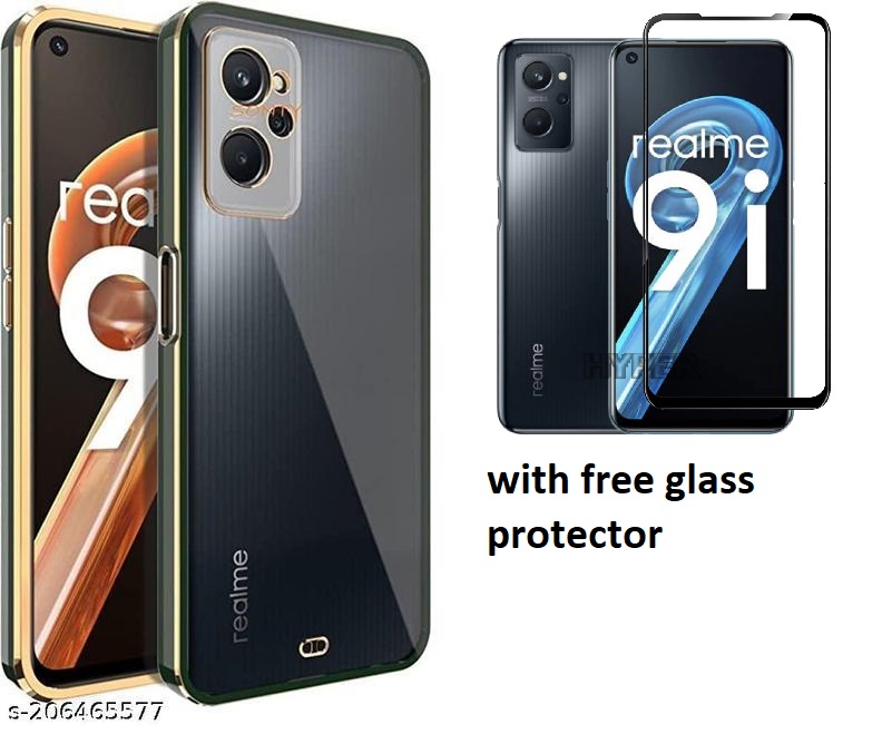 Realme 9i - Luxury Gold Line NEW SKIN Electroplating Transparent Back Cover Soft Chrome Shine TPU Mobile Phone Case with Free Glass Protector