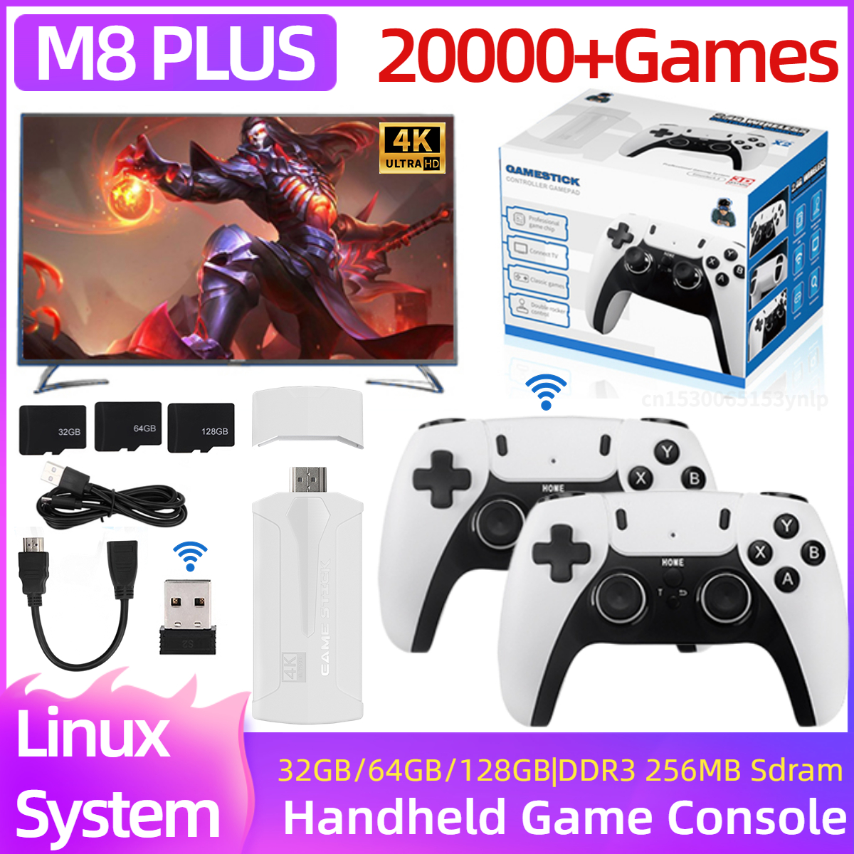 M8/M8 PLUS Video Game Console 4K HD 2.4G Wireless Controller TV Game Stick 20000+Games Retro Handheld Game Player For PS1/FC/GBA