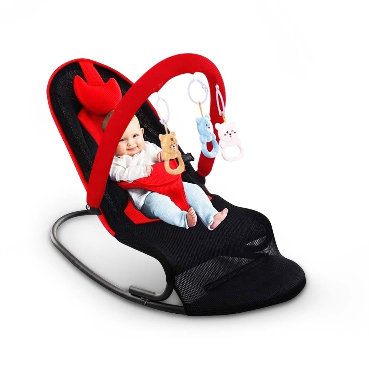 Baby Automatic Rocking Chair Folding Bouncer Chair with Soft Seat & Toys - Red Black