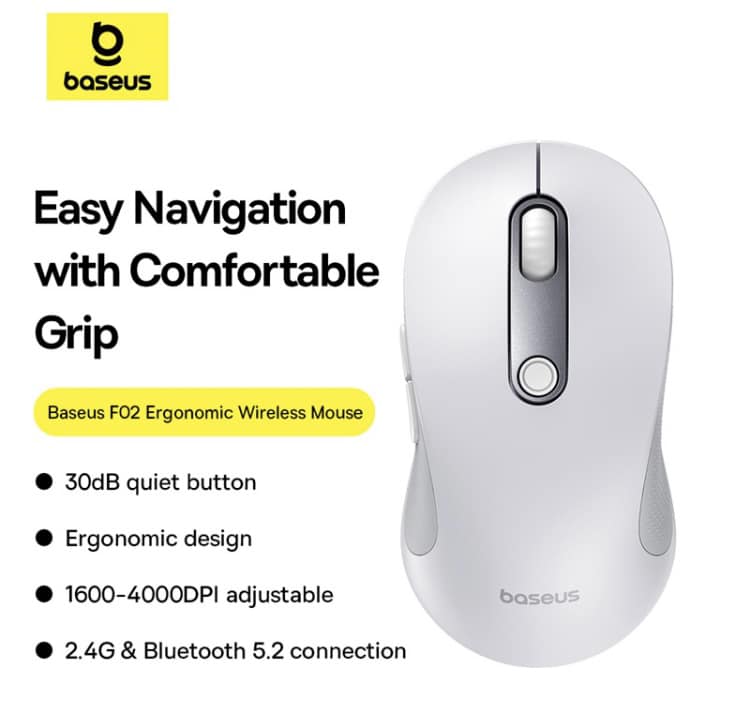 Baseus F02 Ergonomic Wireless Mouse (without Battery) Wireless Mouse Gen 2  Bluetooth 2.4G 4000 DPI Gaming Mouse. 