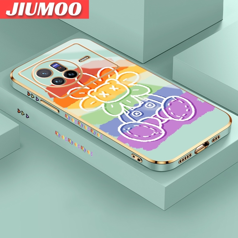 JIUMOO For vivo X80 Case Cartoon Cute Rainbow Flower Side Design Phone Case Square Edge Pattern Silicone Softcase Luxury Plating Casing Full Cover Camera Shockproof Protection Cases. 