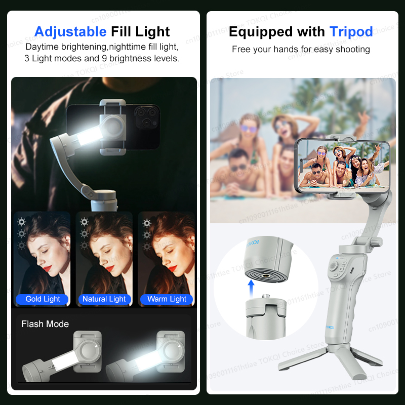 TOKQI M01 3-Axis Anti-Shake Handheld Gimbal Phone Stabilizer Foldable Holder Selfie Tripod with Fill Light for iPhone Smartphone. 