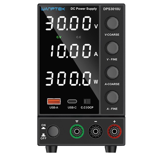 WANPTEK DPS3010U Solid-state Adjustable Regulated DC Power Supply, 30V 10A, Encoder Adjustment, USB Type-C Fast Charge, 4-Digit Display, Low Ripple, Low Noise, Cooling Fan Black - UK Plug. 