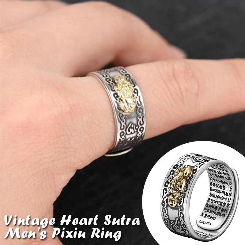 （New）Lucky Feng hui Pixiu Wealth & Protection Ring Buddhit cripture Carving Bleing Ancient Chinee Beat Alloy Open Ring. 