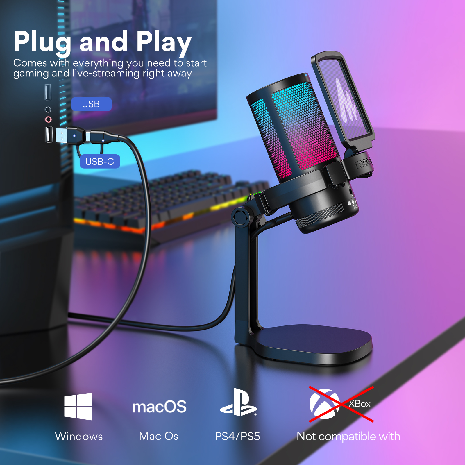 Maono DGM20 Gaming Microphone,USB Microphone Condenser Mic RGB Gaming Mic with Noise reduction software,Mic Gain,One Key Mute. 