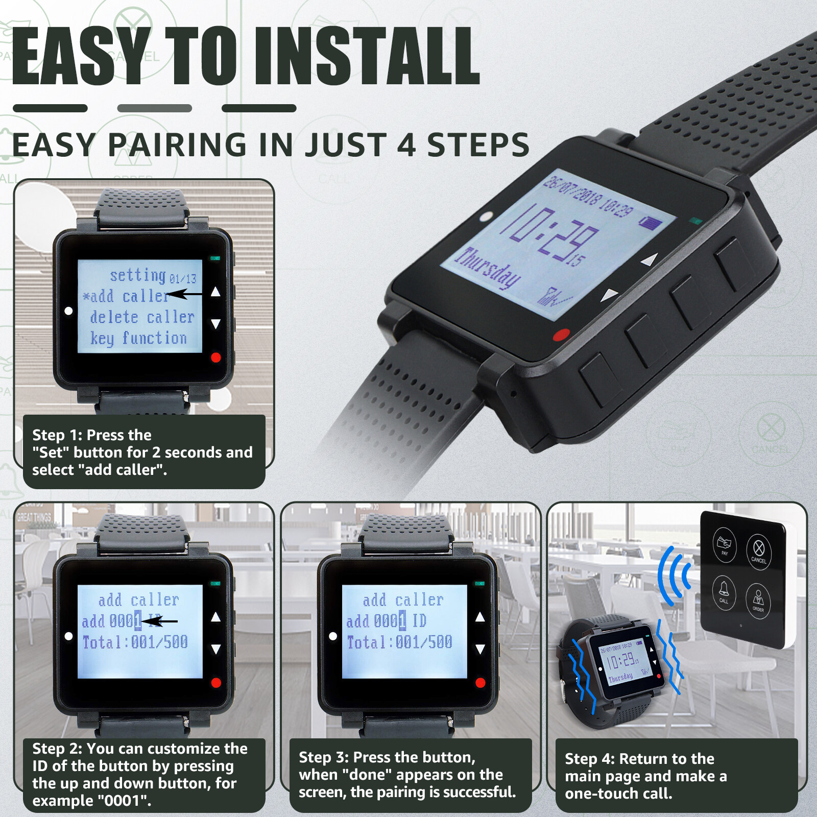 Retekess T128 Restaurant Pager System Waiter Queue Wireless Calling System Rechargeable Watch Pager and TD033 Buttons. 