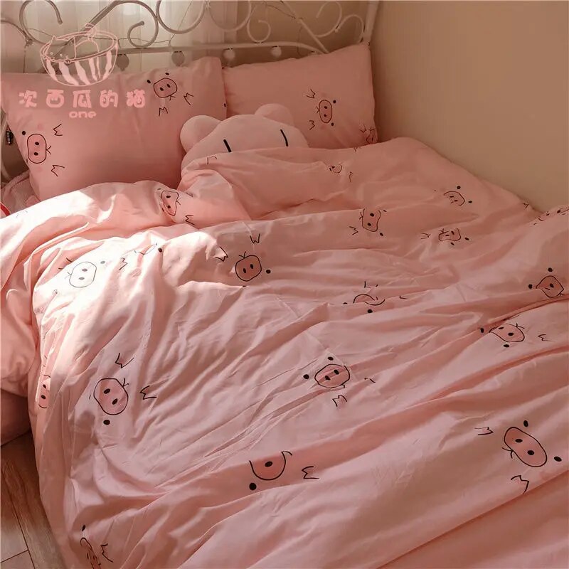 Minimalist Bedding Set of Four Pieces Girl Heart Pink Small Grid Bedding Set Bed Sheets Dormitory Three Piece Set. 