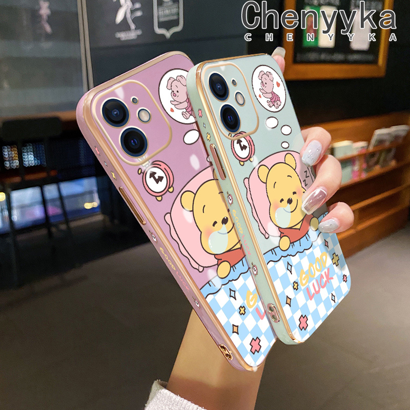 Chenyyka For vivo v23 4G V23 5G S12 5G Case Cartoon Winnie the Pooh New Design Plating Phone Case Square Edge Pattern Shockproof Soft Shell Full Cover Camera Lens Protection Case. 