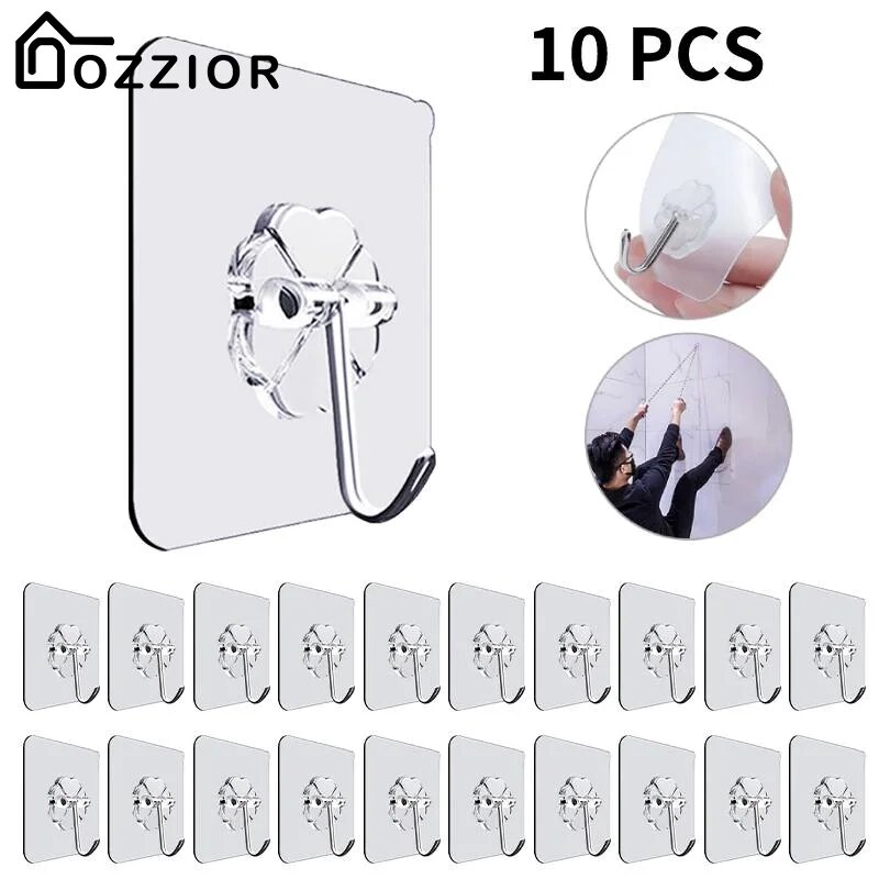 10pc Transparent Hooks Strong Self Adhesive Key Storage Hanger Multi-Function Towel Hanging Hook For Kitchen Bathroom Storage