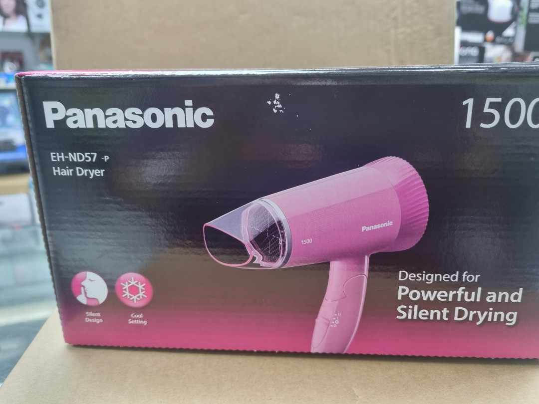 Panasonic 1500W Low Noise Hair Dryer, Comfortable and Quiet Blow-Drying, Silent Design, Set Nozzle, Foldable Handle, Cool Setting, 3 Airflow Settings, Pink (EH-ND57-P). 