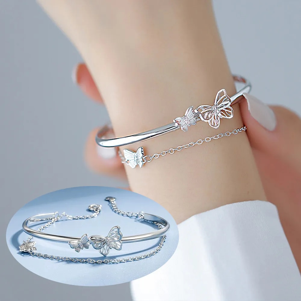 Fashion Hollow Butterfly Bangle Bracelet Silver Color Double Layer