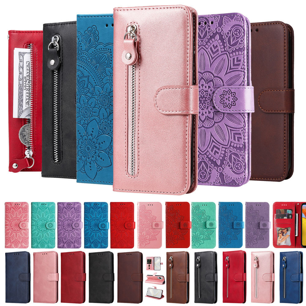 Flip Leather Case For Oppo A12 A12S A15 A15S A16 A16E A16K A17 A17K Card Wallet Phone Zipper Solid Color Embossing Housing Stand